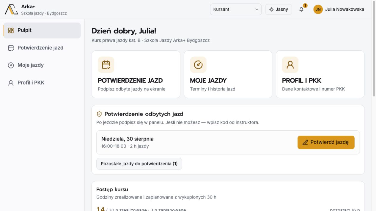 Panel kursanta Arka+ z harmonogramem i potwierdzeniem jazd